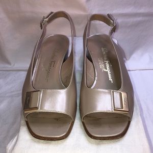 Salvatore Ferragamo “Balzac” Gazella/Gold Satin Finish Calf, 1.5” Heel, Open Toe